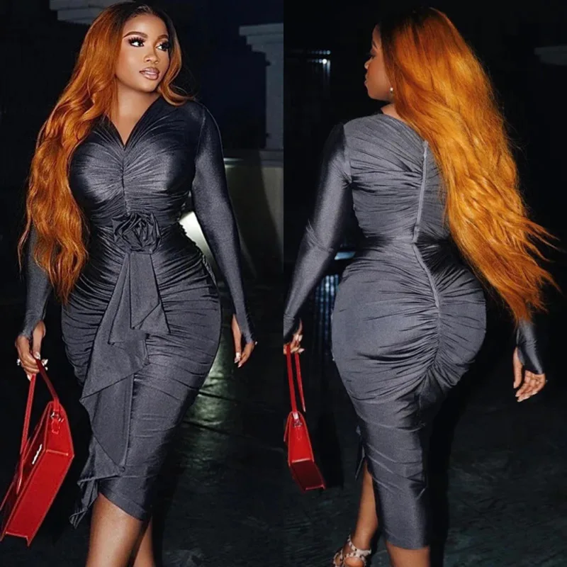 

Women's V-Neck Long Sleeve Bodycon Dress Elegant Rose Waist Design Autumn Winter Slim Midi Gown For Party Clubwear 2025 Outfit