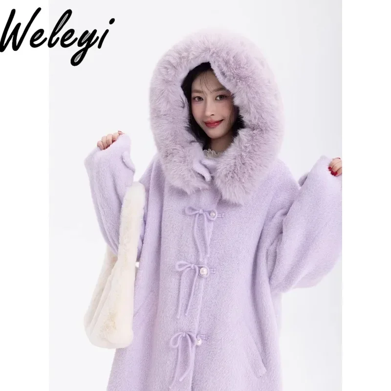 Sweet Purple Women's 2 Piece Skirt Set Winter Warm Cute Handmade Bow Tie Imitation Mink Coat Folding Longuette Skirts Loose Suit