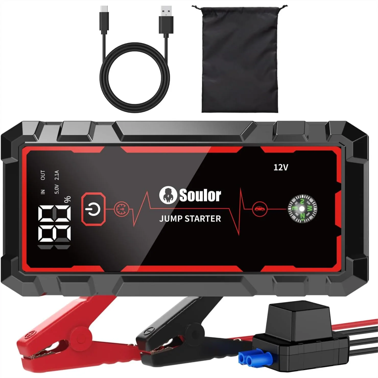 

5000A Jump Starter Car Battery Jumper Starter with Quick Charge Power Bank, 3 Modes Flashlight, Compass