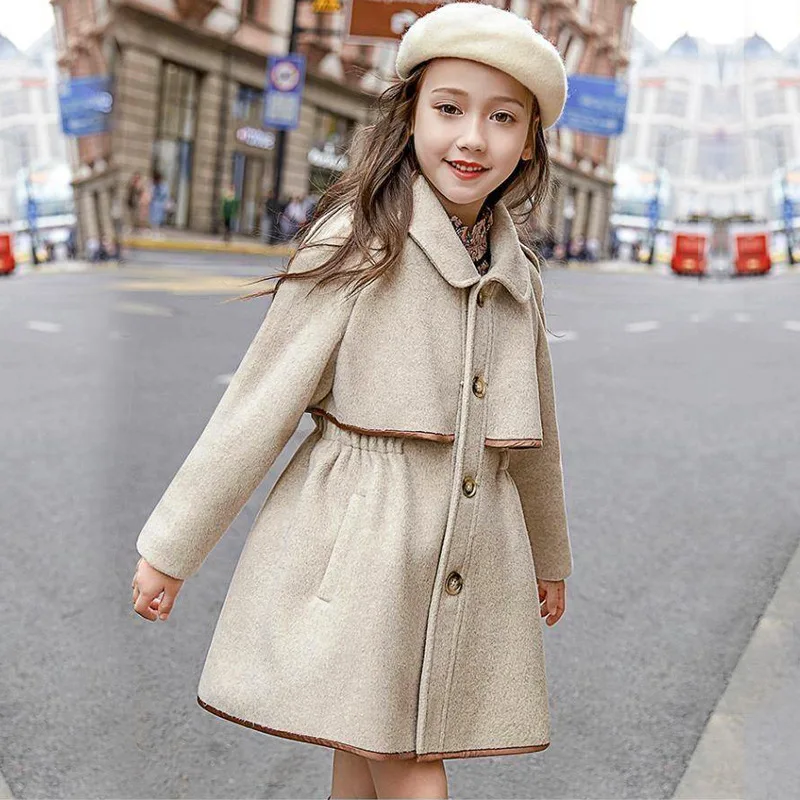 Winter Beige Thick Long Jackets Little Kid\'s Girls Coat Breasted Woolen Overcoat Cotton Trench Jackets Teenage Girl Coat 2-16Y