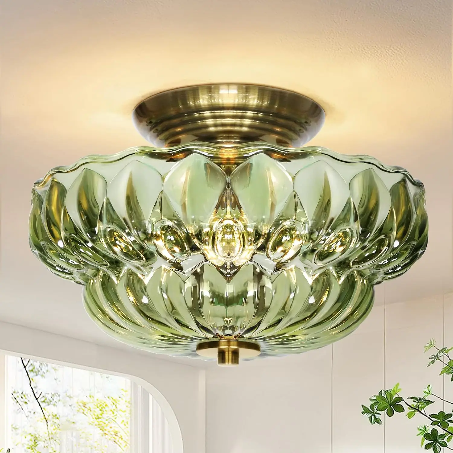 Gold Vintage Semi Flush Ceiling Light Three Bulb Bright Hallway