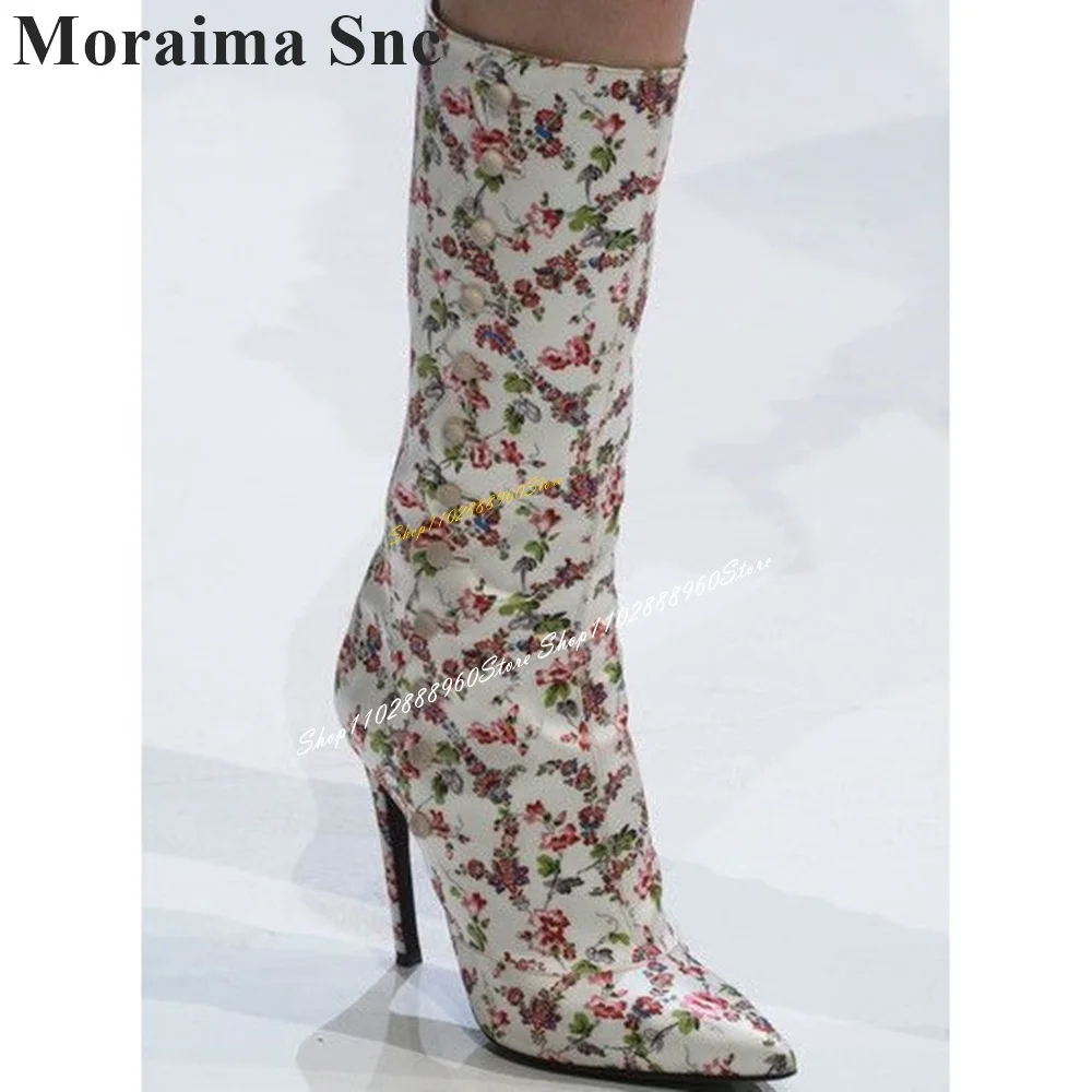 Runway Trendy Mid Calf Mixed Color Flower Print Boots Thin High Heel Women Shoes Button Pointed Toe 2024 Zapatos Para Mujere