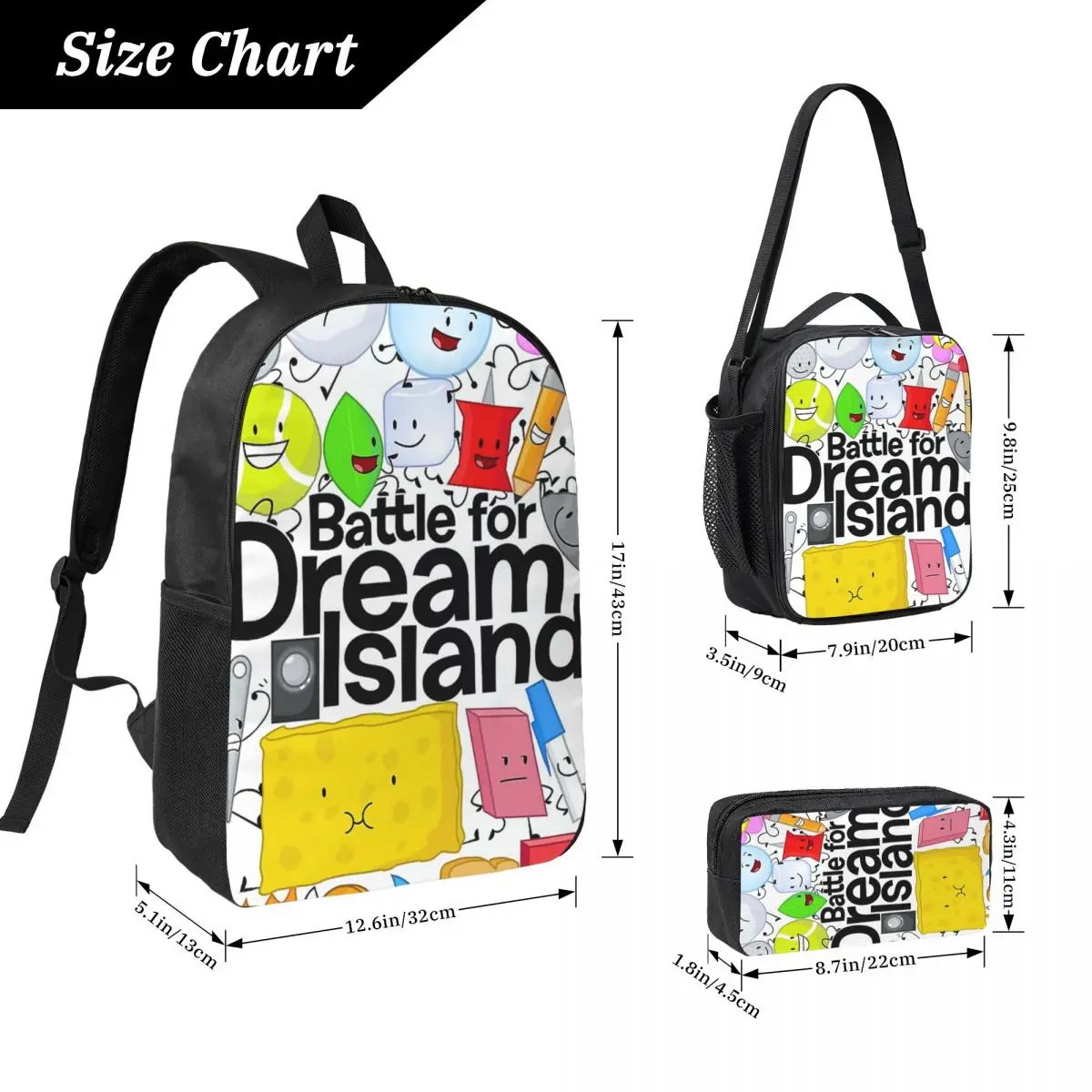 BFDI Poster White Backpack Student Boys Girls BookBag School Bag Laptop Shoulder Bags 3ps Insulated Lunch Bag Pencil Case