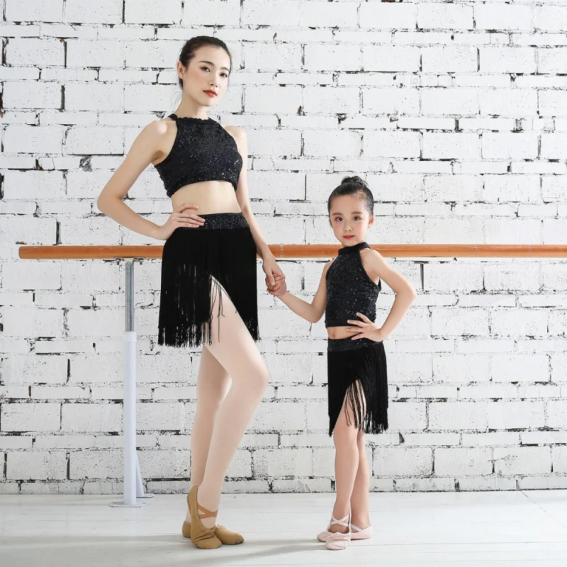 

Sequin Women Latin Dance Dress Set Latin Dance Clothes Kids&Mom Competition Salsa Costume Black Red Child Ballroom Tango Dresses