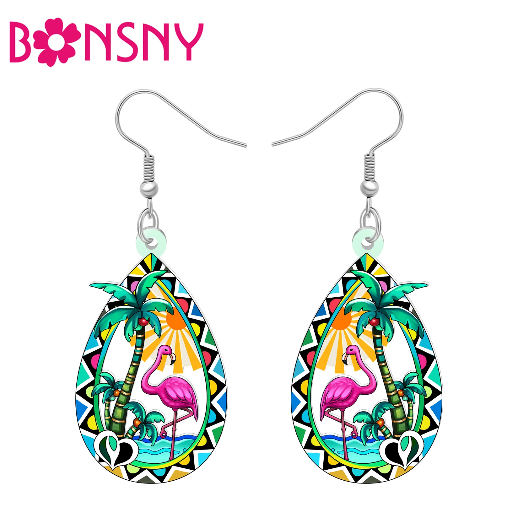 Pendientes colgantes de acrílico con forma de flamenco rosa de BONSNY, joyería de aves tropicales de verano, regalos hawaianos para mujeres y niñas