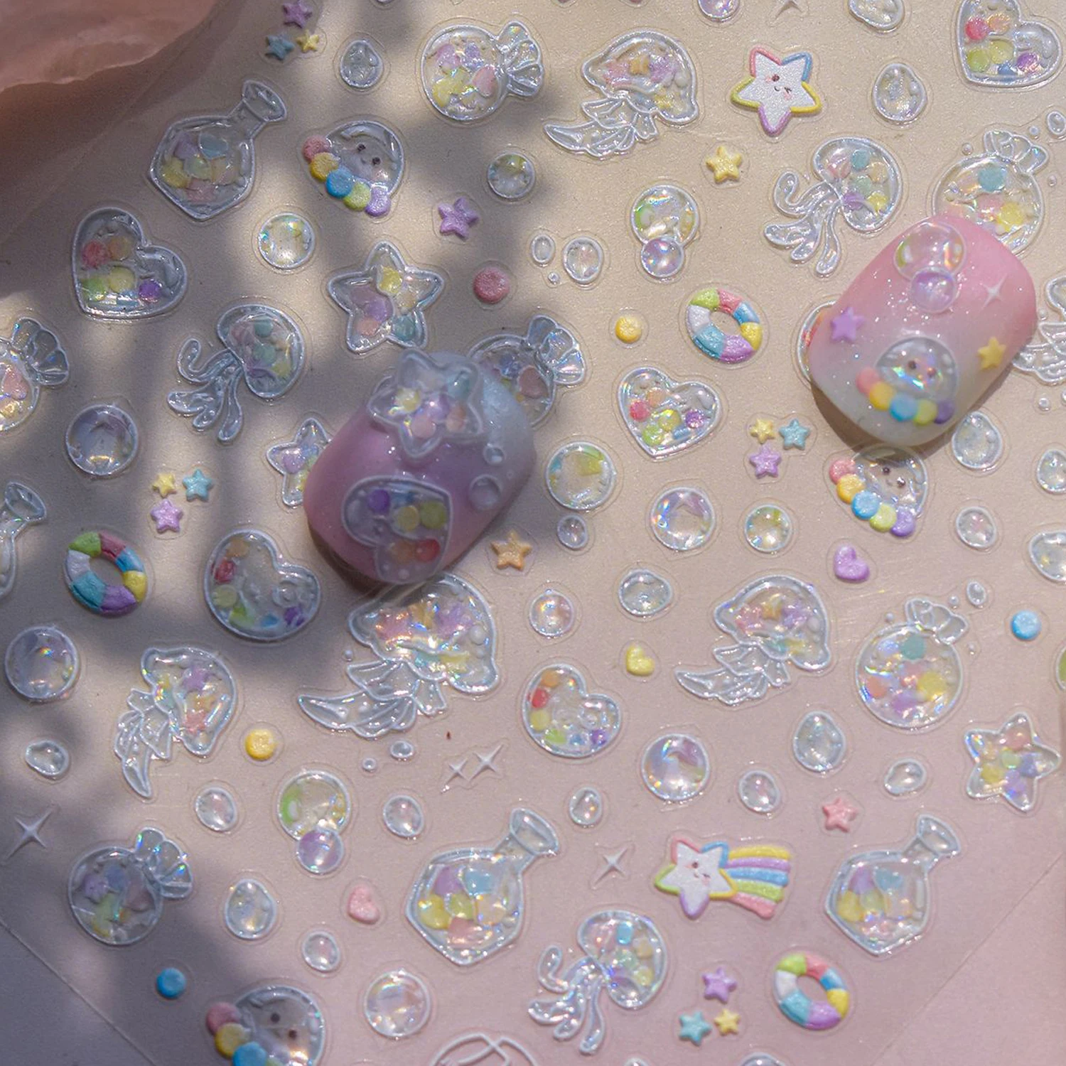 Cartoon Jellyfish Water Bubbles Shell Starfish Jellyfish Seahorse Swimming Rings Rainbow Cute 5D Nail Art Sticker Manicure Decal