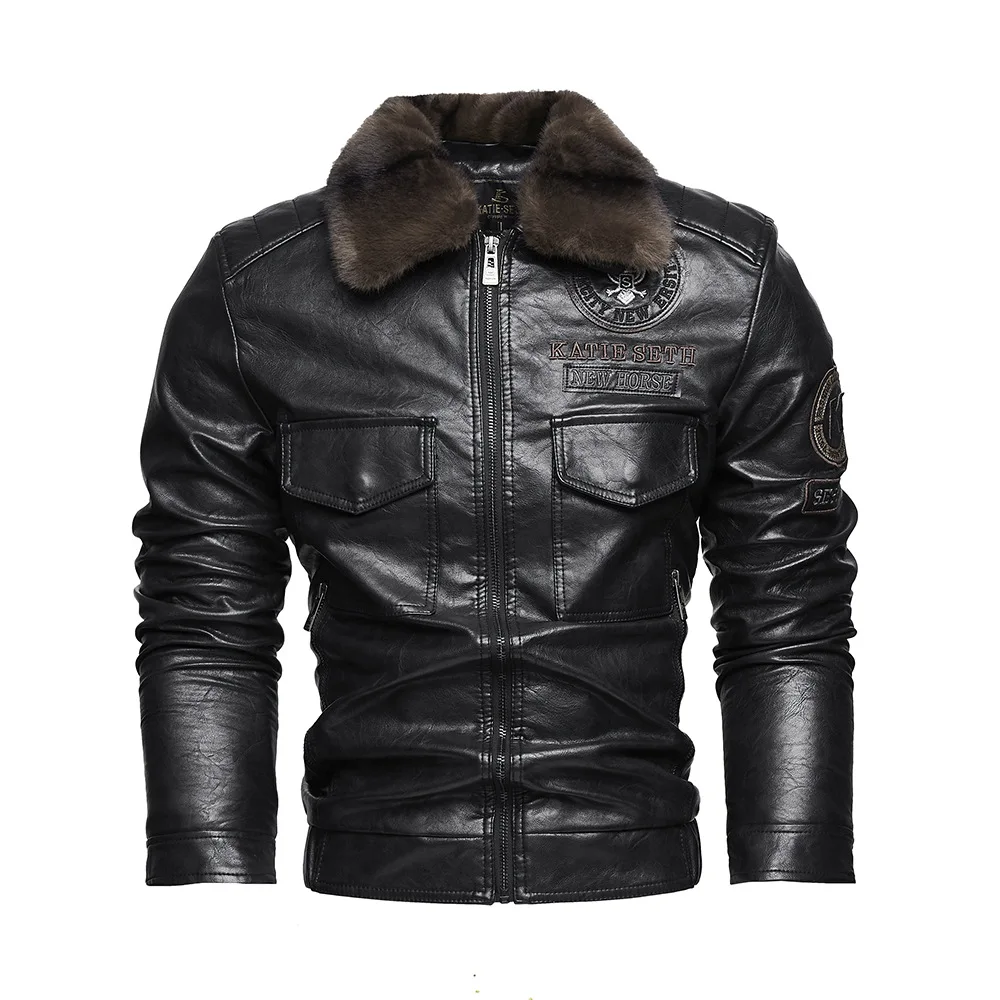 Men's Autumn Winter Casual PU Leather Lapel Zipper Warm Motorcycle Jackets Male Fashion Military Bomber Jacket Outdoor Coats