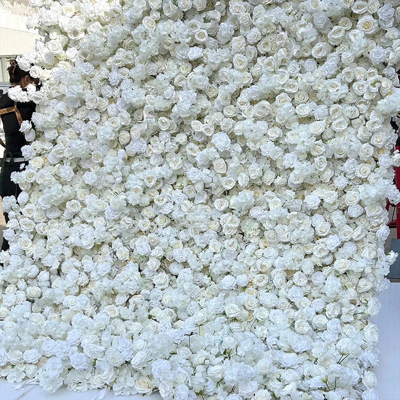 White 5D Rose Peony Hydrangea Cloth Roll Up Flower Wall Fabric Hanging Curtain Plant Wall Party Wedding Backdrop Deco Event Prop