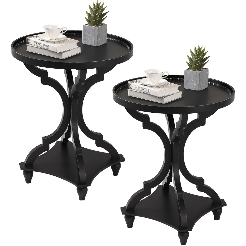 Rustic Round Accent End Table Set of 2 - Handcrafted Wooden Nightstands for Living Room & Bedroom with Tray Top