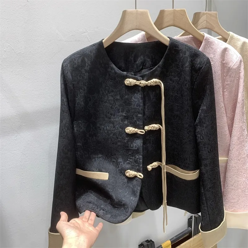 

Black Short Chinese Style Jacket Women's Fashionable Spring New Style Tang Costume Slimming Vintage Top round Neck Button Clo...