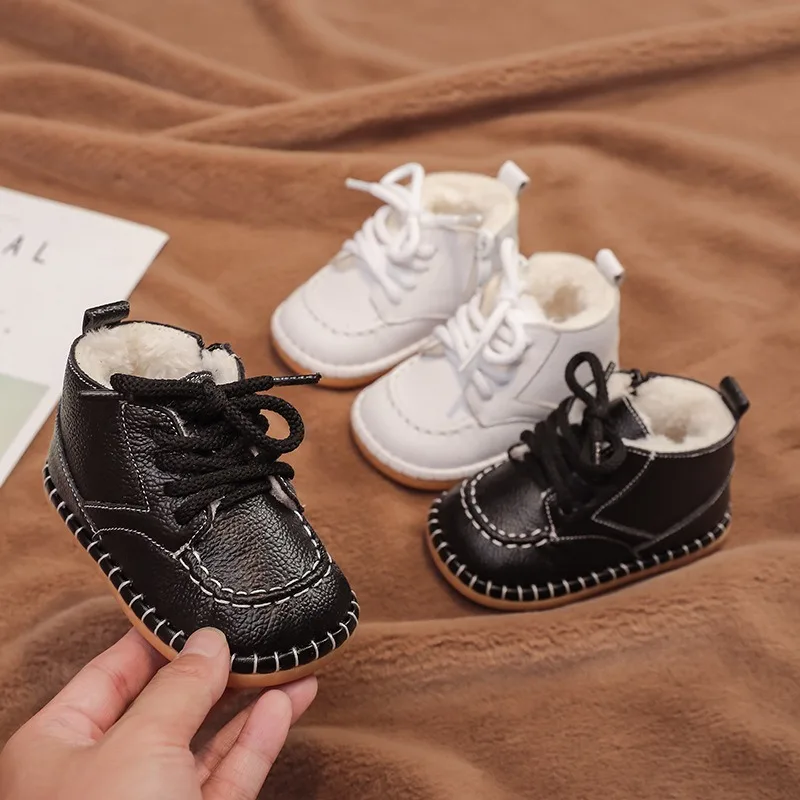 

Autumn Winter Baby Girls Boys Snow Boots Plush Children Genuine Leather Shoes Soft Sole Non-slip Windproof Waterproof Kids Boots