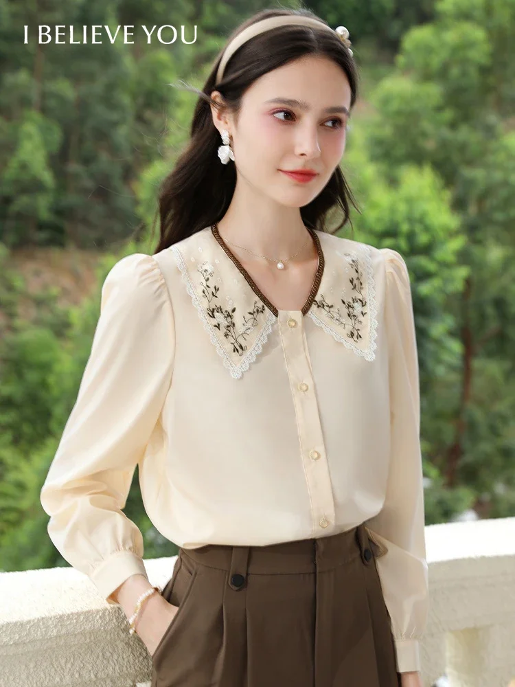 I BELIEVE YOU Blouses for Women 2024 Autumn New French Embroidery Lapel Puff Sleeve Retro Elegant Shirts & Blouses 2243055807