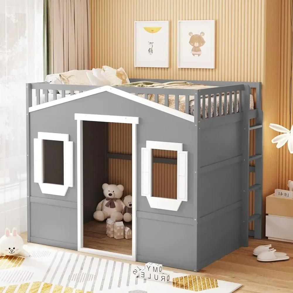 

Child bed with safety guardrail, solid wood loft bed frame, ladder and window, wooden support, Gray+White, child bed