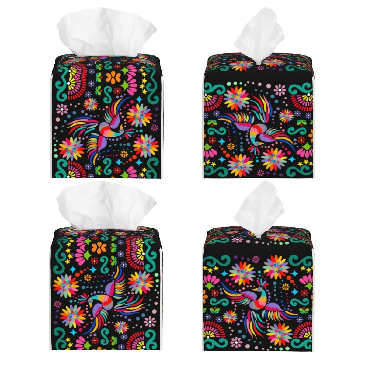 Custom Mexican Floral Flower Textile Facial Tissue Box Cover Square Colorful PU Leather Tissue Box Holder for Car Office