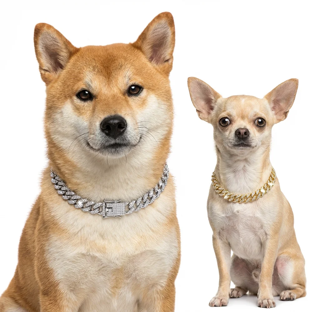 Collar de Lujo con Eslabones Cubanos para Gatos, Joyería con Pedrería, Cadena Dorada para Gatos, Accesorios para Disfraces de Boda y Fiesta de Graduación para Gatos y Cachorros
