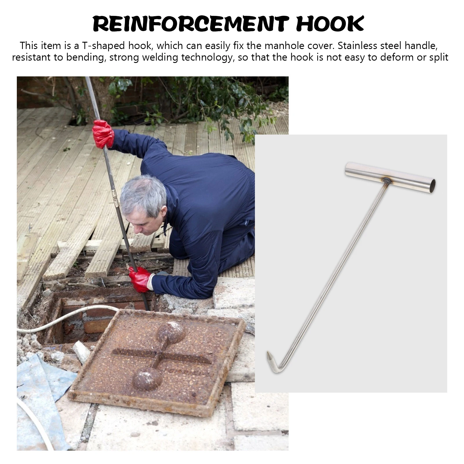 

Stainless Steel T shaped Manhole Cover 38cm 8mm Diameter Rustproof Rolling Door Hook Sewer Maintenance Heavy Duty Lift