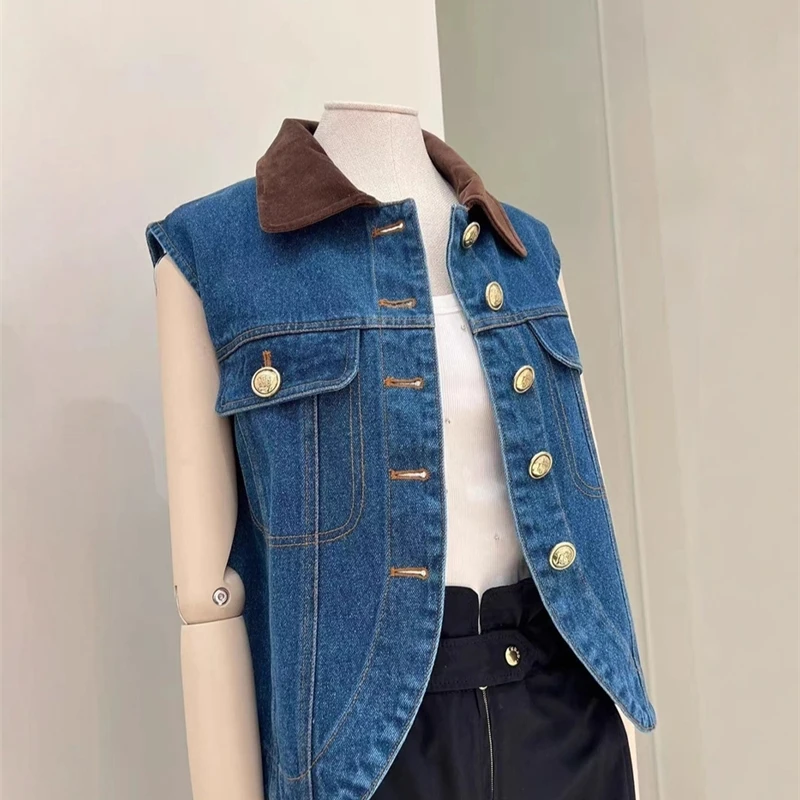 

Women Single Breasted Denim Jacket Contrast Color Turn-down Collar Lady Sleeveless Retro Coat