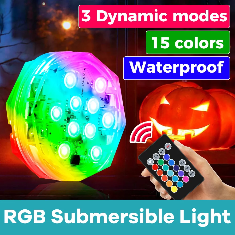 

RGB Submersible Light LED Fish Tank Pool Lamp Colorful Underwater Lamp with Remote 15Color Dimmable Pond Aquarium Lighting 3Mode