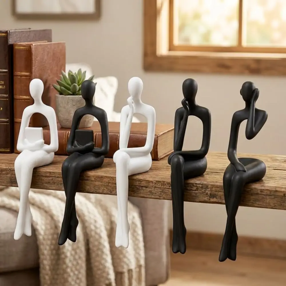 3Pcs Minimalist Abstract Sitting Human Sculpture Set Long Leg Handmade Thinking Figurine Edge Sitter Decor Plastic 3D Printed