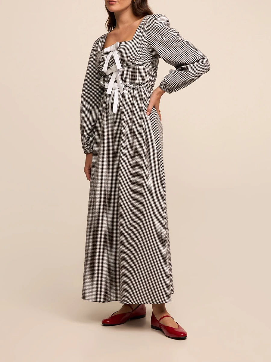 

GuliriFei Women Long Dress Plaid Bowknot Front Square Neck Long Sleeve Dress Spring Fashion Casual Dress