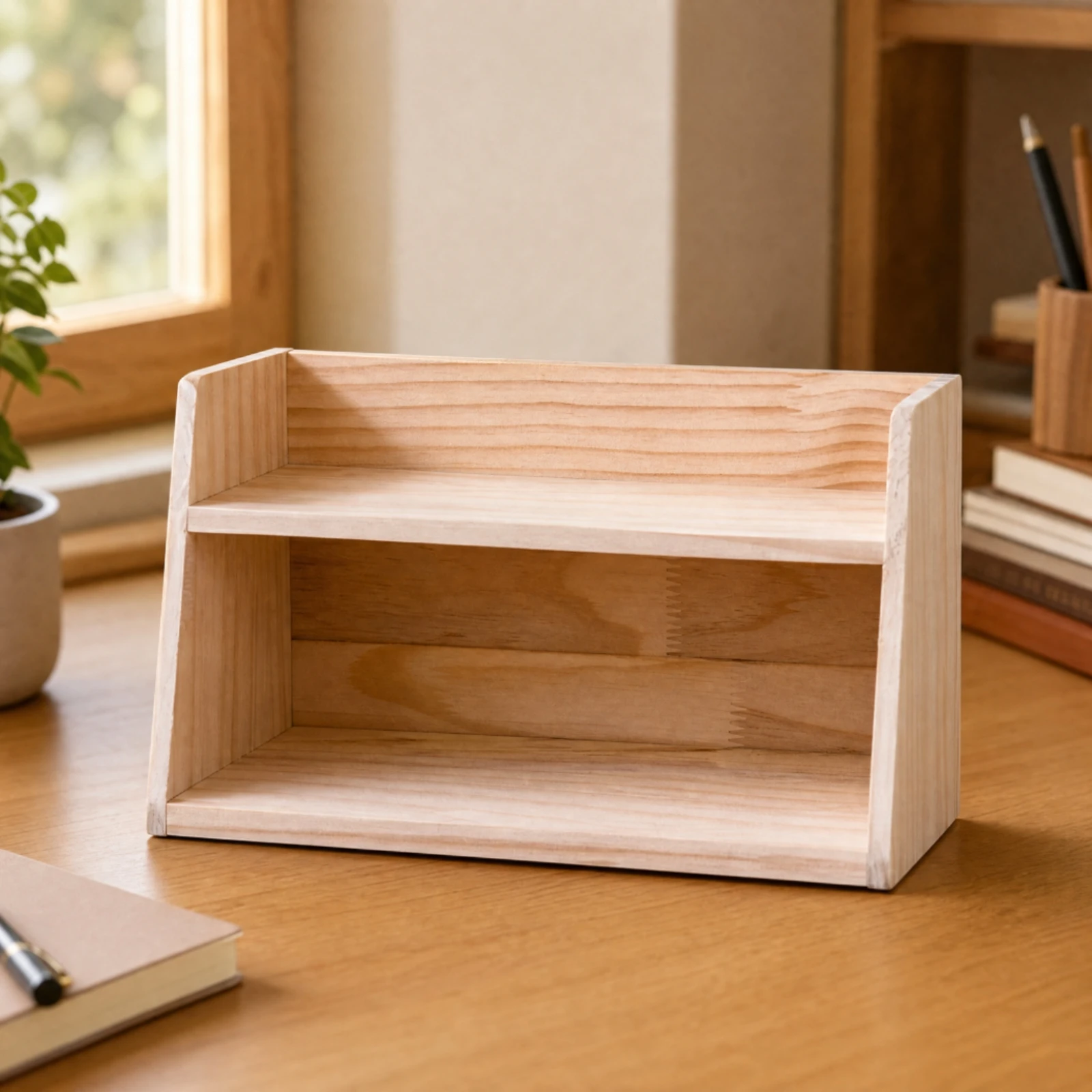 No-Assembly Tabletop Storage Shelf Sturdy Solid Wood Desktop Storage Shelf Rustic Wooden Desktop Organizer Stable Slim