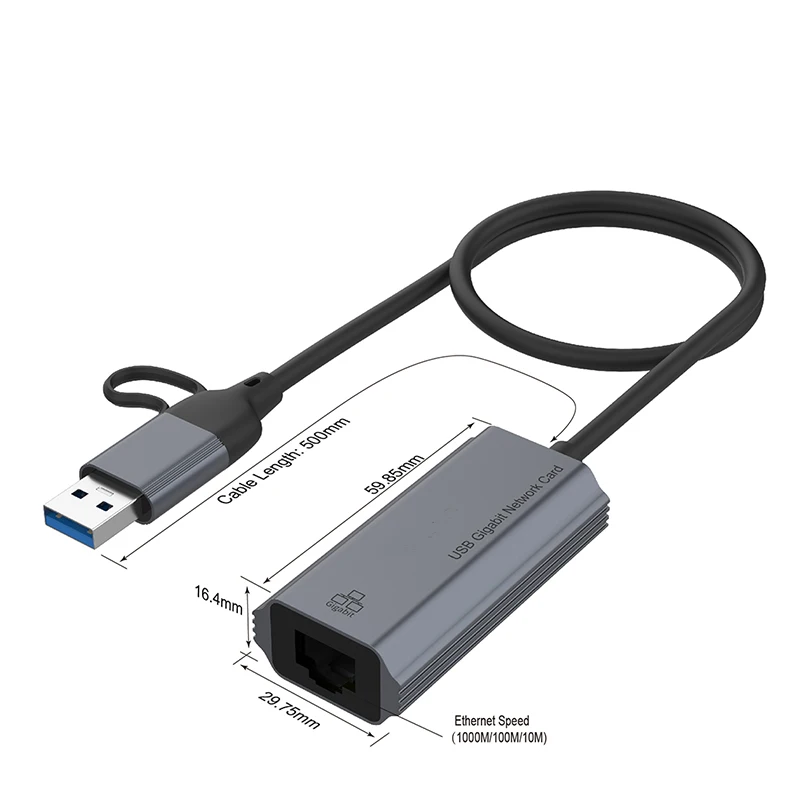 10/100/1000mbps USB Gigabit Network Card USB-C cable RJ-45 LAN Adapter Fast Ethernet game network adapter USB-C+USB3.0 lan card