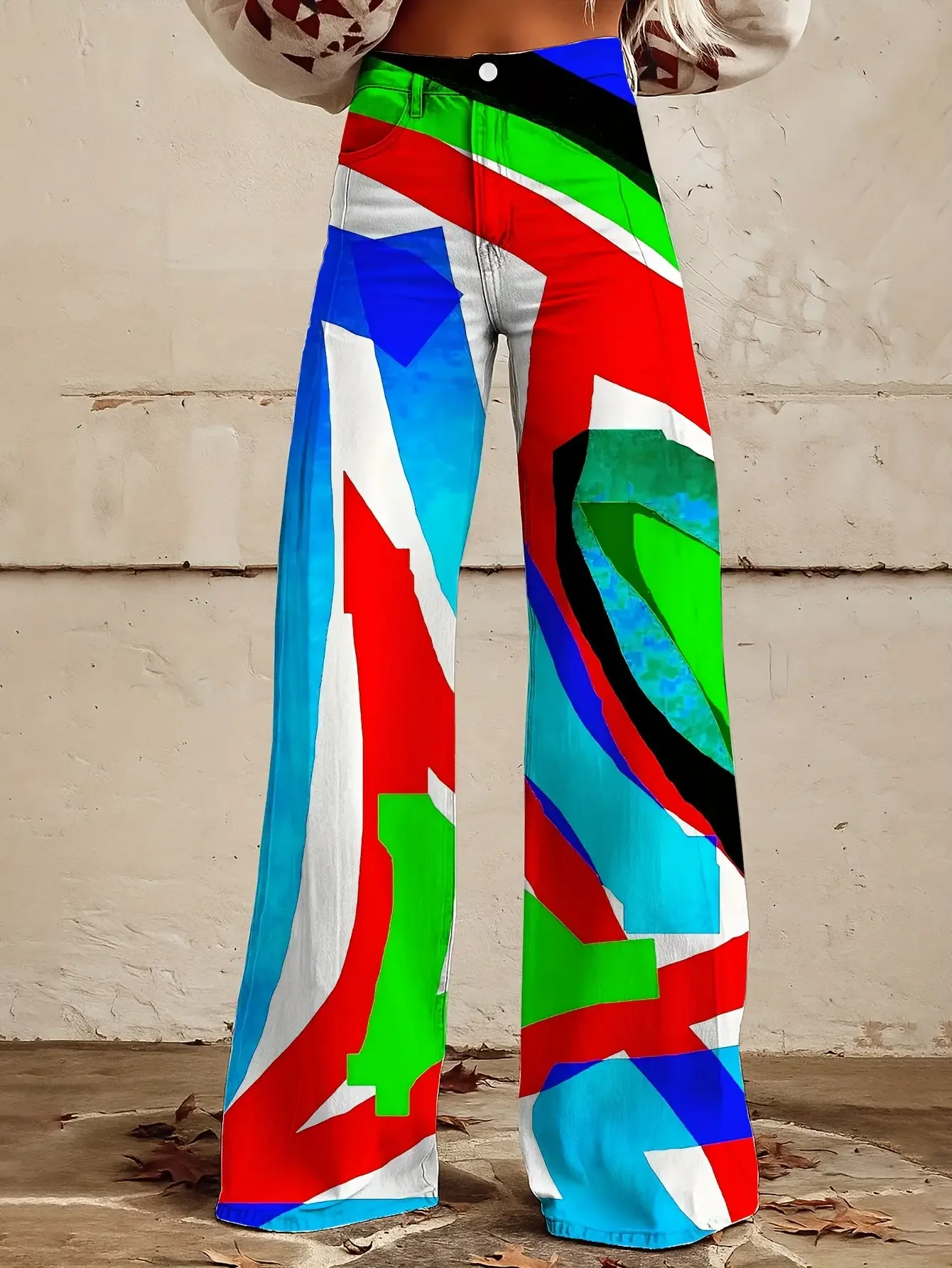 

Women's printed geometric pattern wide leg imitation jeans, Anti wrinkle (machine washable) suitable for all seasons