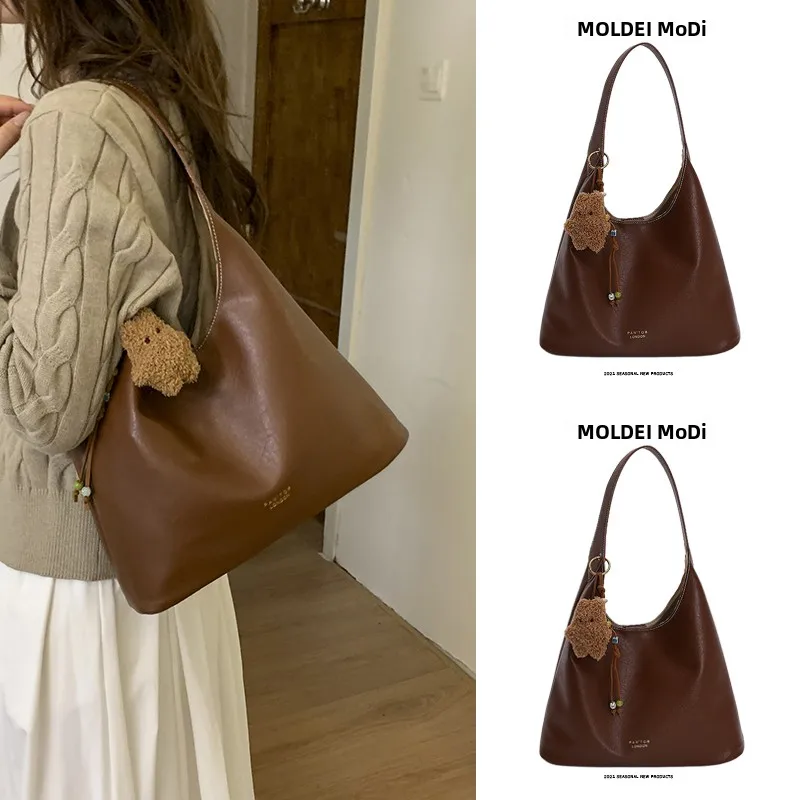 Otoño Invierno gran capacidad Faionable marrón axila bolso de mano para mujeres desplazamientos bolso de hombro mango suave cierre de cremallera