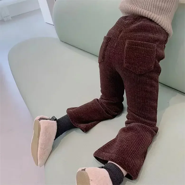 Girls' Pants Autumn and Winter Children's Fleece-Lined Bell-Bottom Pants Baby Thick Corduroy Fashionable Fleece-Lined Trousers