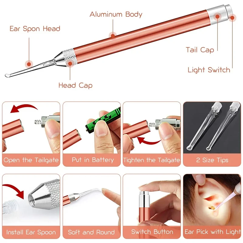 LED Penlight Torch Flashlight Otoscope Tool Earwax Removal Ear Wax Visual Spoon Earpick Cleaning Endoscope Light for Adult Baby