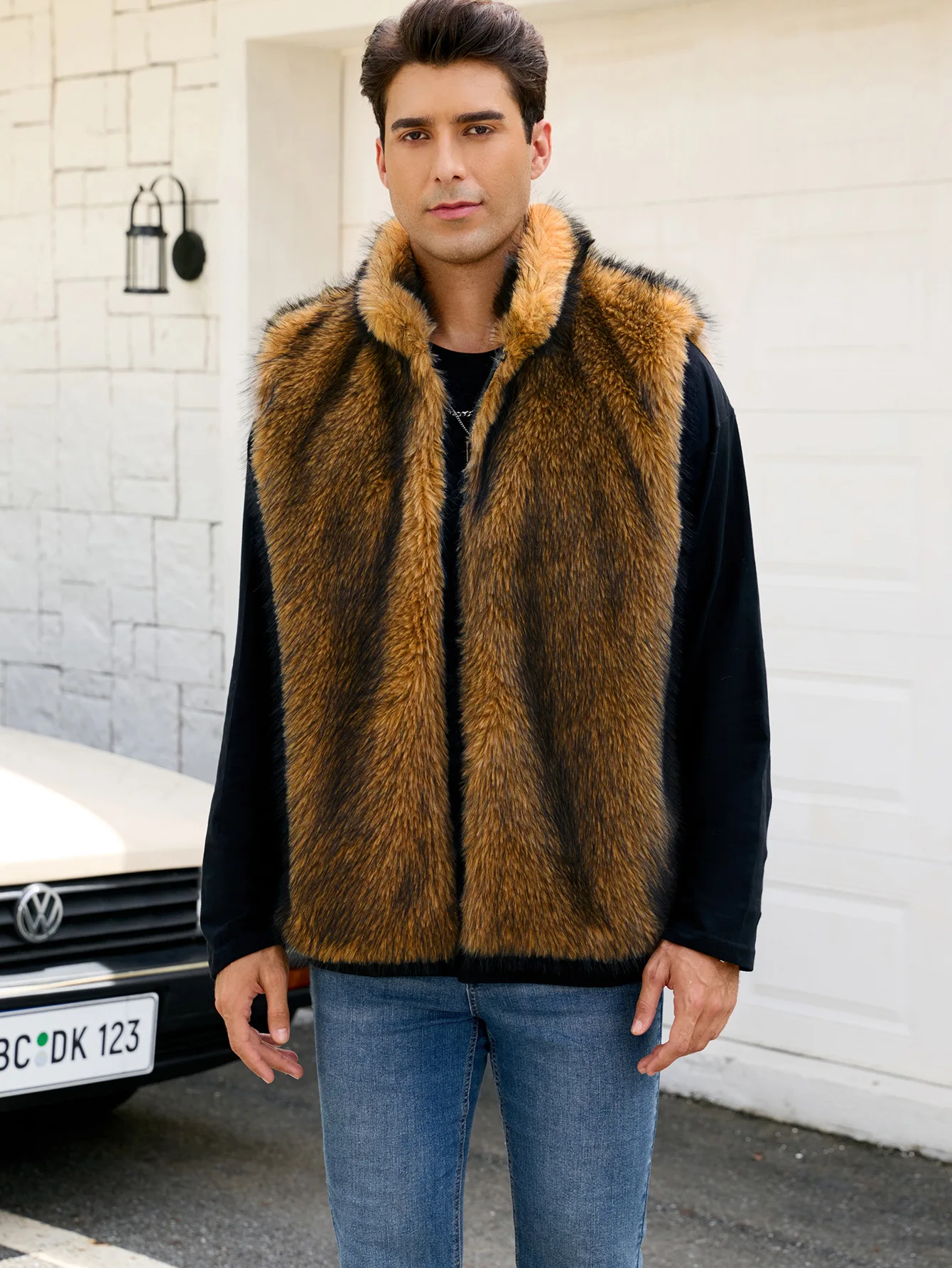 Men's Stand-Up Collar Faux Fur Vest 2025 New Fashion Artificial Fur Coat Trendy Men's Outerwear