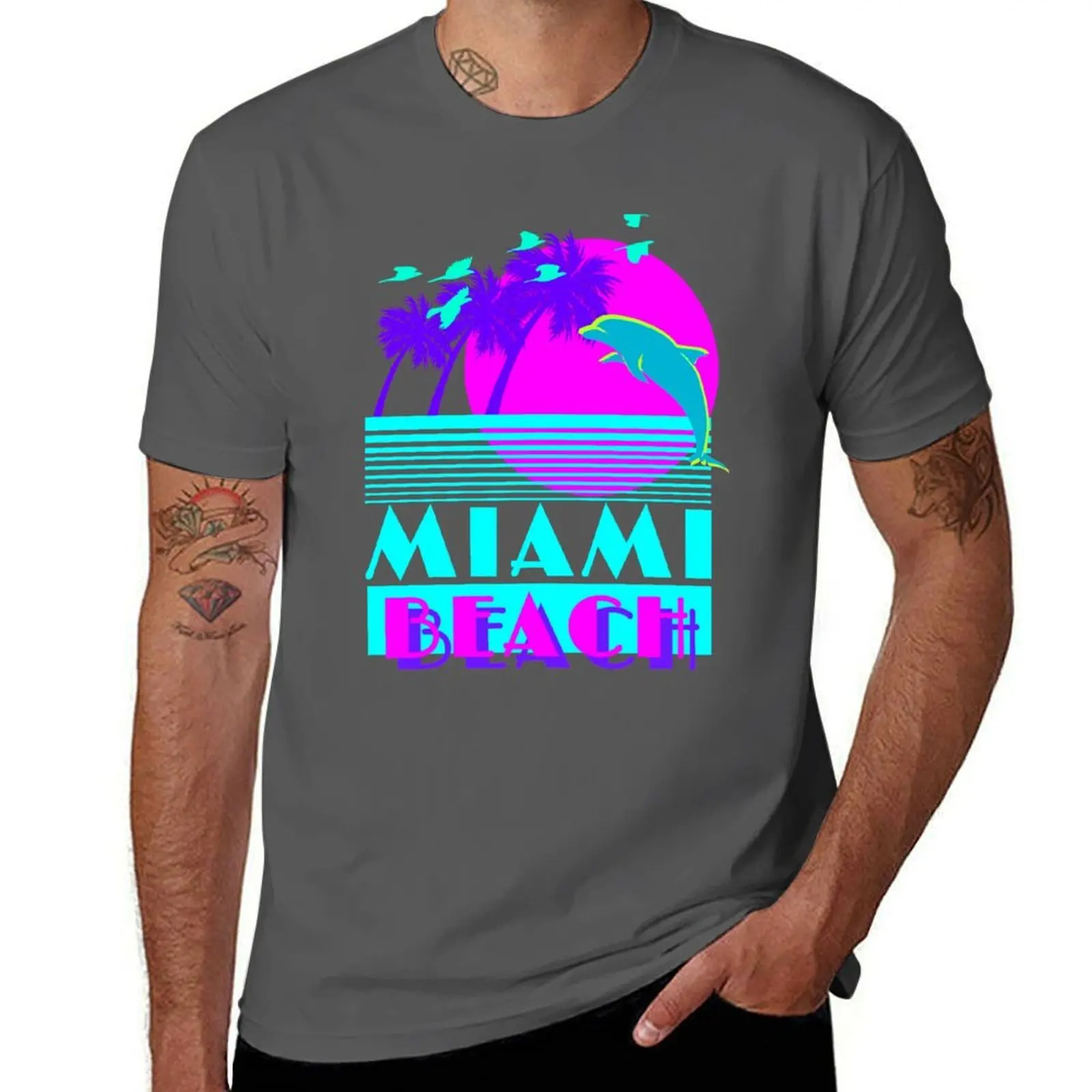 

Dolphin Retro Miami Beach T-Shirt Non-Shrink Basic Cotton T-Shirt
