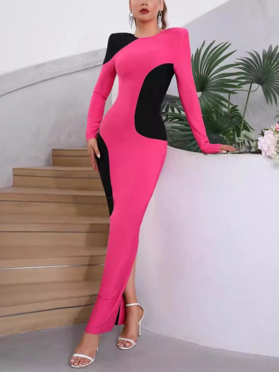 VGH ضرب اللون فساتين طويلة Bodycon للنساء س الرقبة طويلة الأكمام منصات الكتف موضة عادية سليم فستان الحفلات المسائية الإناث جديد