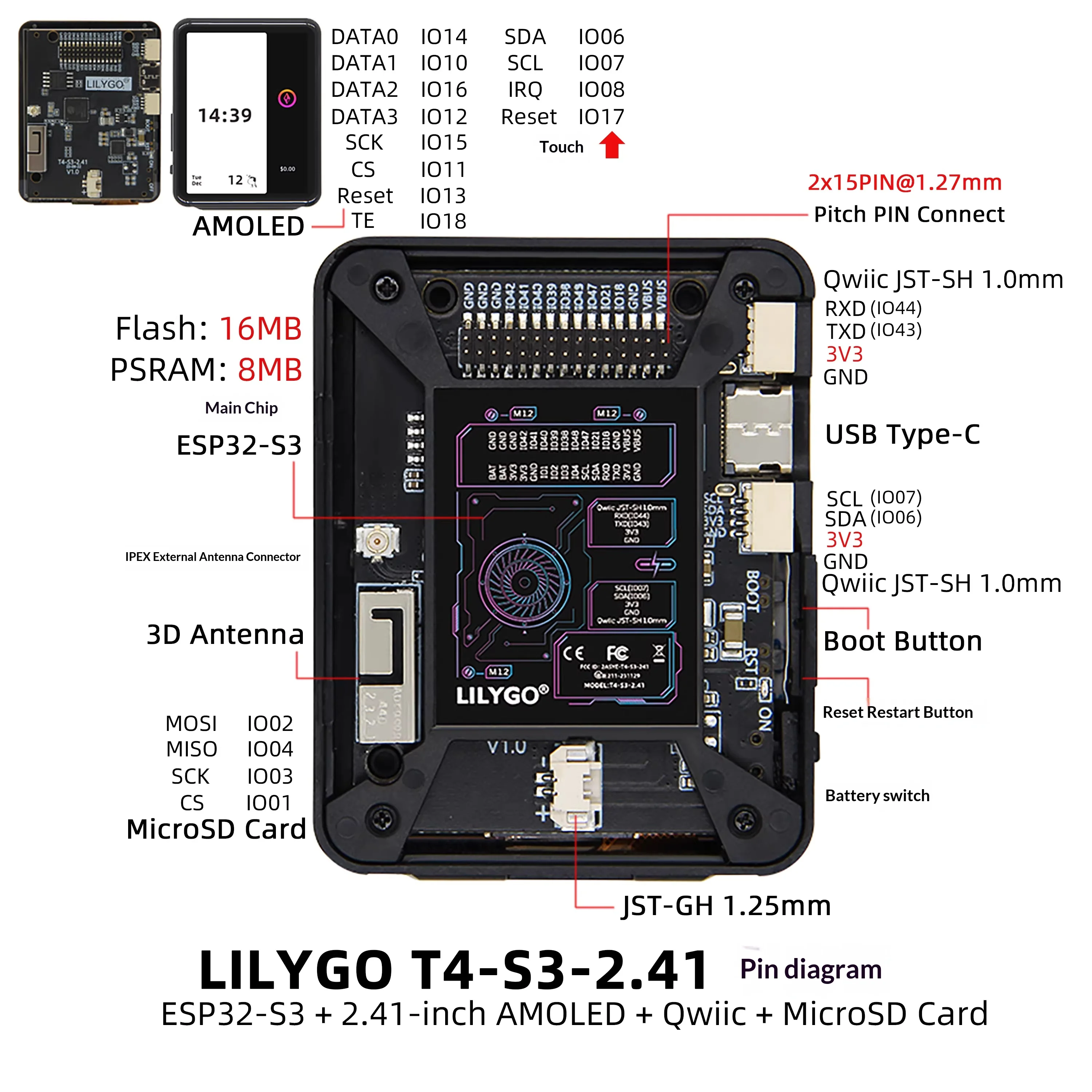 LILYGO® T4-S3 ESP32-S3 2.41 Inch AMOLED Touch Screen WiFi Bluetooth Development Board with Qwiic Connector