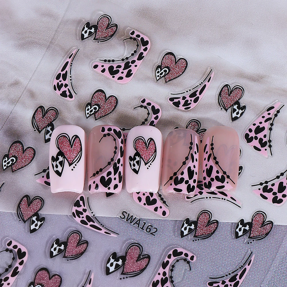 1 pz adesivi per unghie cuore amore stampa leopardo francese glitter rosa San Valentino cuore d'amore decalcomanie per unghie decorazione manicure cuore fai da te