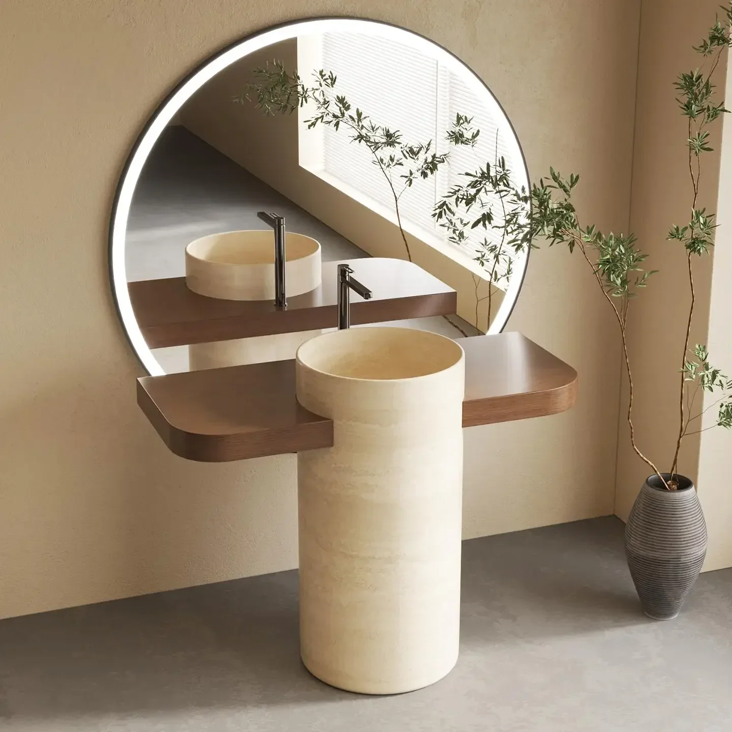 Luxury Handcrafted Travertine T-Base sink or  Vanity: Vintage Asymmetric Freestanding Sink Cabinet for Bathroom - Retro Design