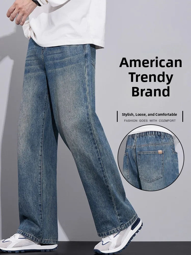 

Loose Wide Leg Jeans American Style Casual Wear for Men Retro Versatile Autumn Winter Denim Pants Youth Trend Cotton Polyeste...