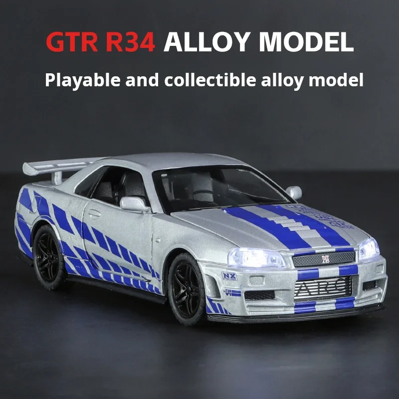 Modelo de coche de juguete Nissan GTR34 Skyline GTR, miniatura de carreras fundida a presión, sonido y luz, Colección extraíble, regalo para niños, 1/32