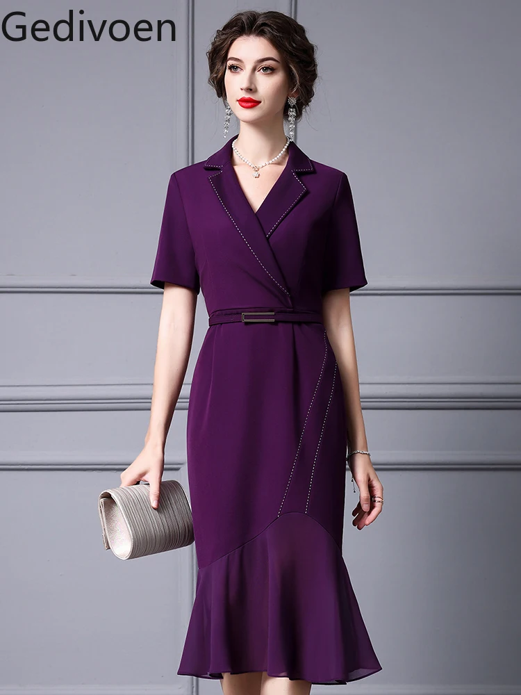 

Gedivoen Summer Fashion Runway New Designer Commuting Wind Tailored Collar Belt Mature Wrapped Hip Fishtail dress