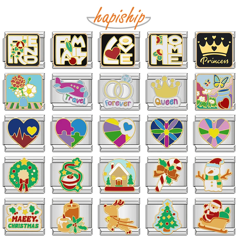 Hapiship Romantische Regenbogenfarbe Herz Blume Flügel Italienische Charm Links Passend für 9mm Edelstahl Armband Schmuck DIY Herstellung DJ481