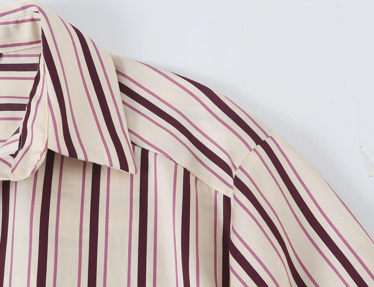 BSAY 2026 Herbstmode Damen Gestreiftes Hemd mit Reverskragen und Verstellbarem Roll-Up-Ärmel-Design, Knopfverschluss Vorne, Locker Geschnittene Freizeitbluse – Detail 5