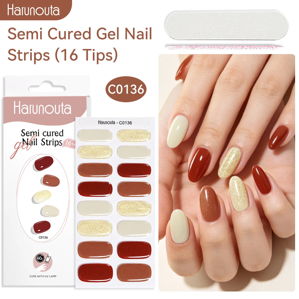 Harunouta 16strips Semi Cured Gel Nail Strips Amber Brown Adhesive Long Lasting Gel Nails Stickers for UV Lamp Need Manicure