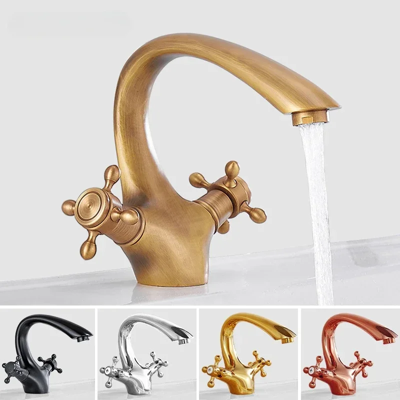 

Retro All-copper Double-handle Single-hole Basin Faucet Household Washbasin Heightened Hot and Cold Splash-proof Faucet