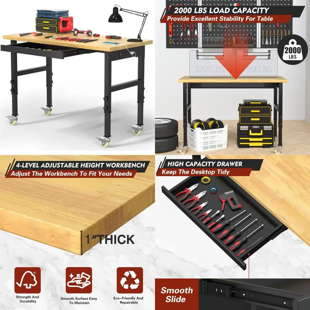 منضدة عمل شديدة التحمل قابلة للتعديل مع أدراج، ومنضدة عمل خشبية متدحرجة تتميز بمنافذ طاقة وسعة تحميل 2000 رطل للداخل