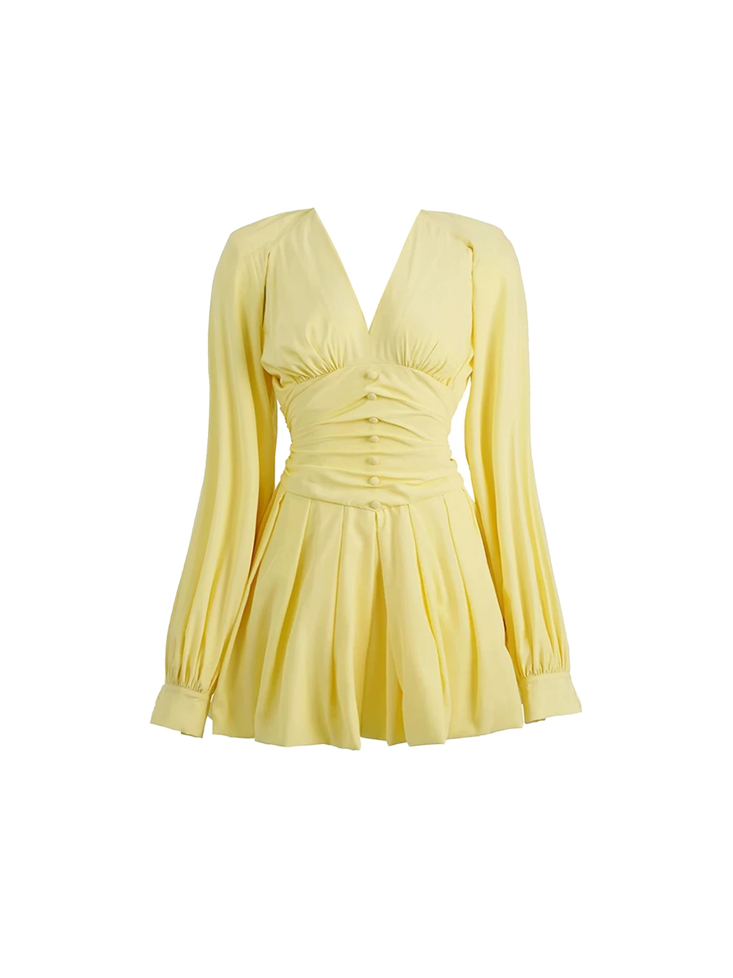 HEZA jaune Long Sve v-ne Dr femme douce jeune plissée taille couchée irt Dr a-ligne français Sle automne Dr
