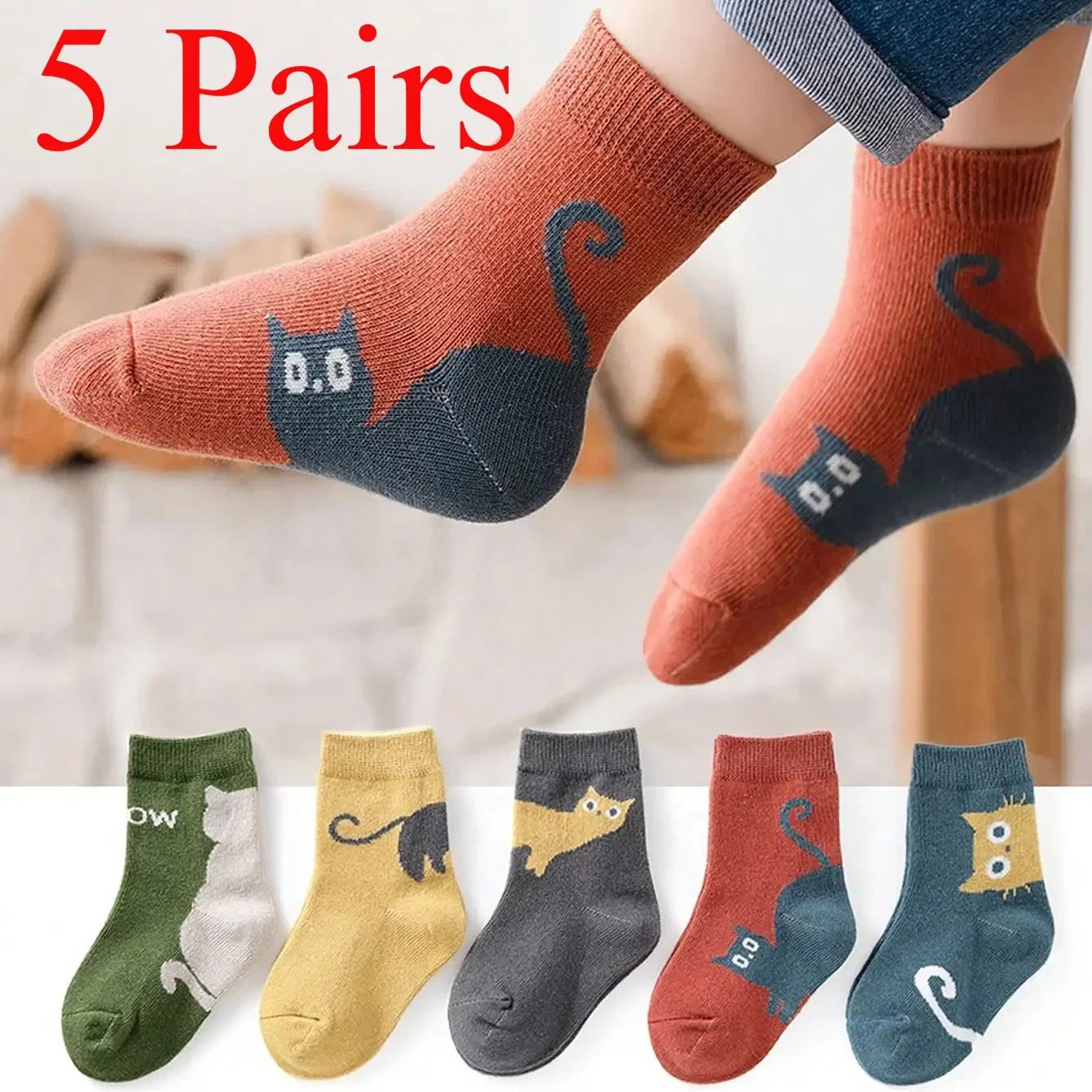 5 Pairs of Four-season Baby Socks Spring & Fall Cartoon Kitten Winter Mid-tube Kidsren's Socks Boys and Girls Kidsren's Socks