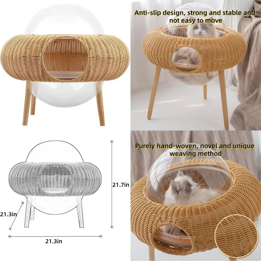 

Elevated Rattan Cat House with Clear Dome, Stylish Wicker Cat Bed for Home, Cattery, Pet Store Use