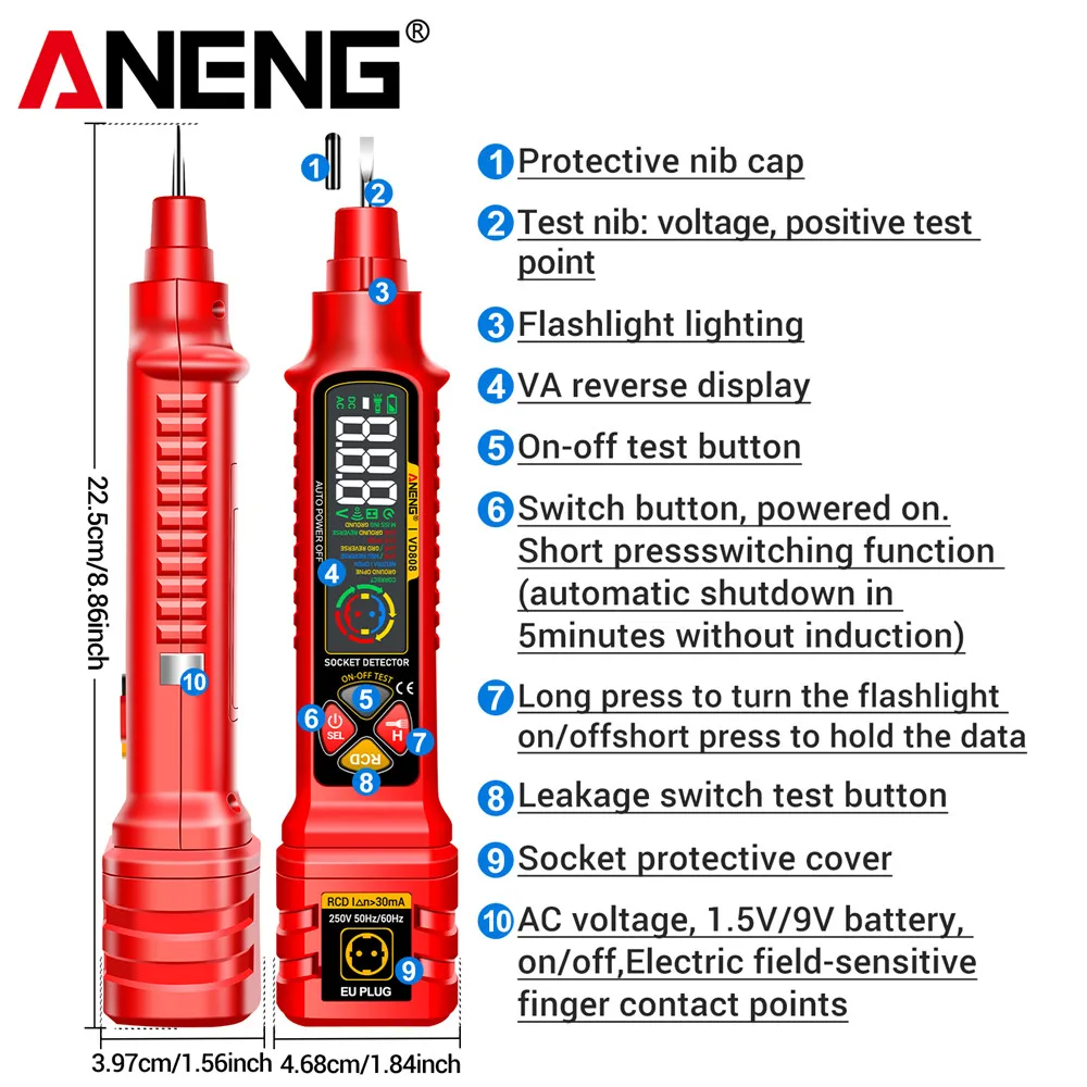 Analizzatore di circuiti con presa ANENG VD808 Strumento diagnostico di tensione CA CC con display a LED per rilevatori di guasti di cablaggio