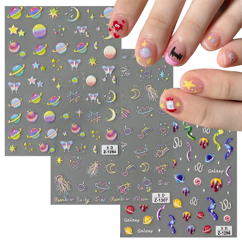 

Star Moon Nebula Planet Nail Stickers 5D Embossed Universe Theme Nail Art Stickers DIY Manicure Self-adhesive Decoration Decals