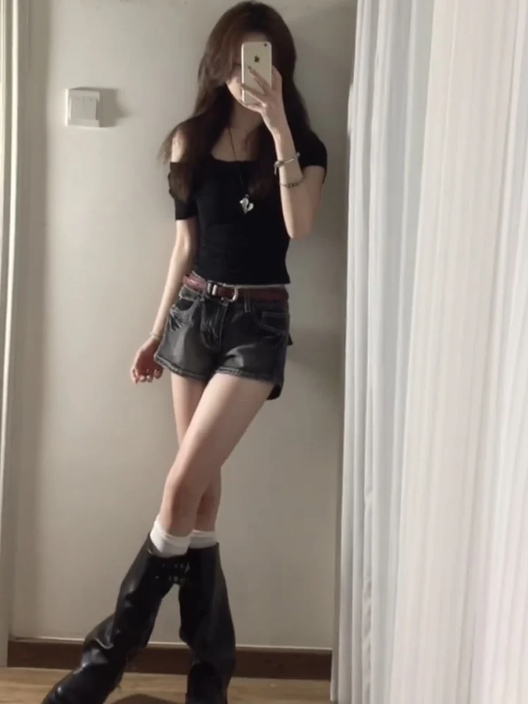 

Ретро American ey Bla Denim orts Женские летние повседневные прямые брюки с узкими ягодицами Широкие джинсы с высокой талией